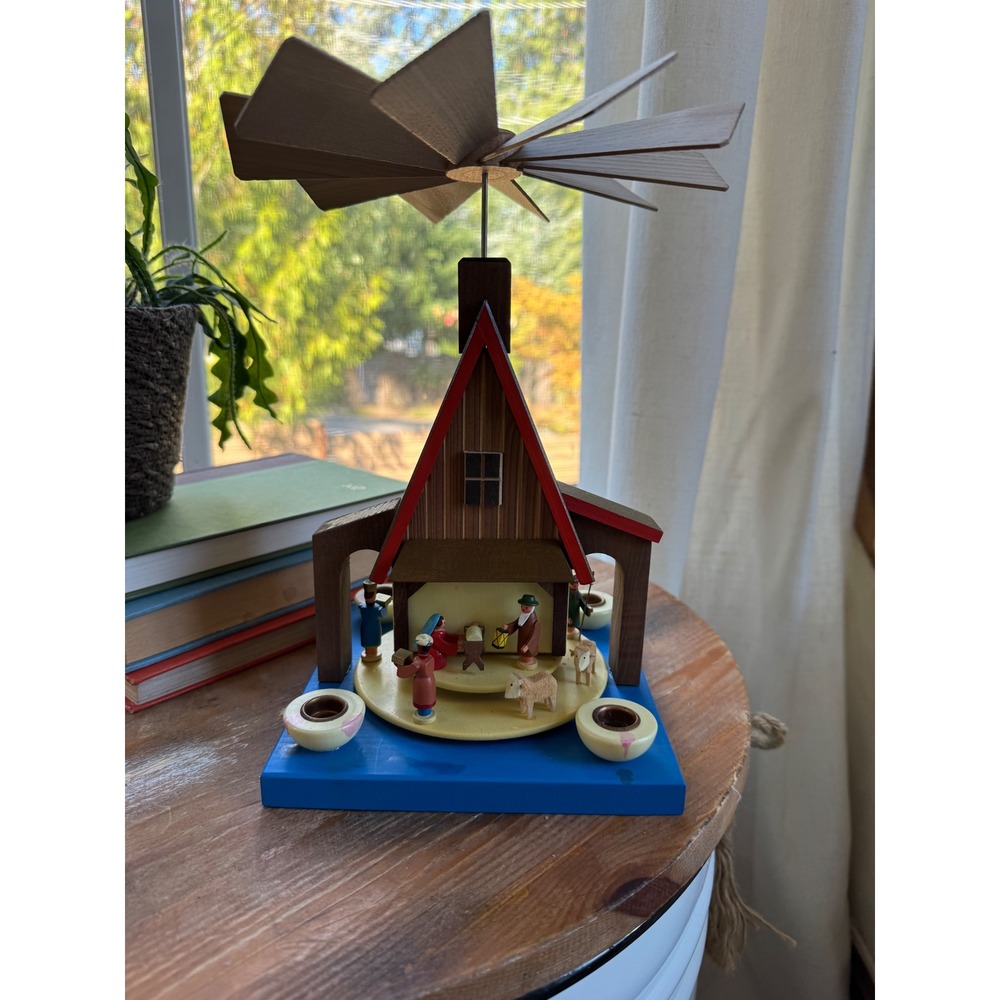 Vintage East German Wooden Nativity Christmas Pyramid Rotating Candle Carousel